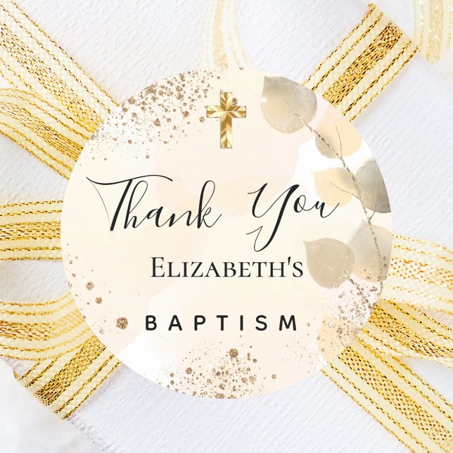 Baptism eucalyptus glitter golden Thank You Classic Round Sticker (Creator Uploaded)
