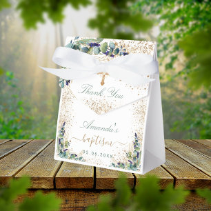 Baptism eucalyptus glitter name thank you cross favour box