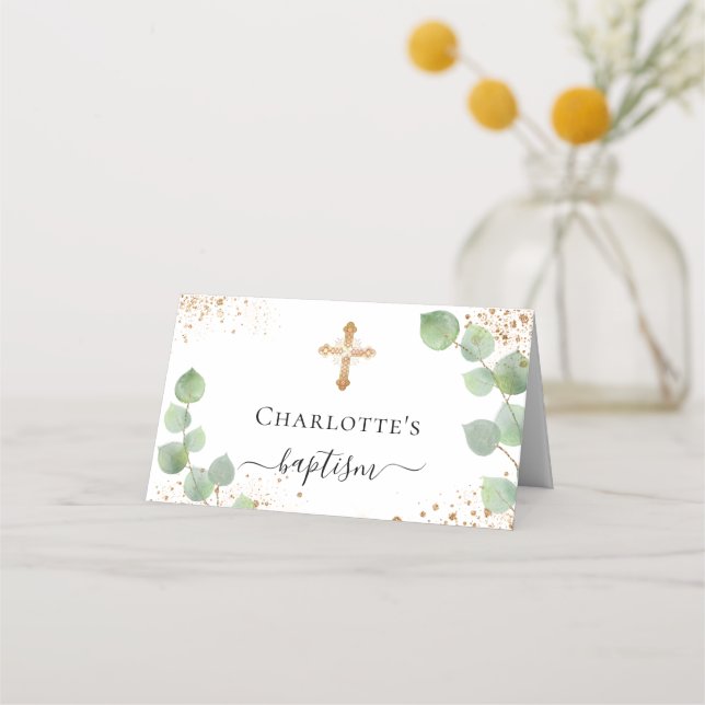 Baptism eucalyptus gold glitter dust  place card (Back)