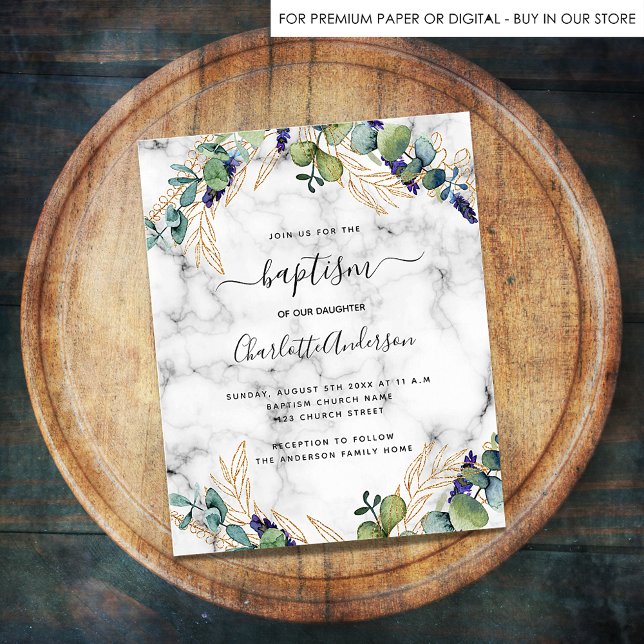Baptism eucalyptus gold marble budget invitation flyer (Creator Uploaded)