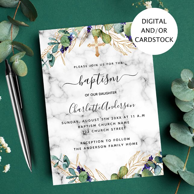 Baptism eucalyptus gold marble invitation (Creator Uploaded)