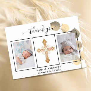 Baptism eucalyptus gold photo thank you card