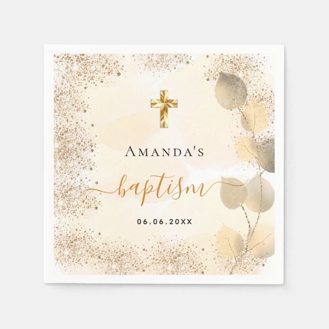 Baptism eucalyptus golden glitter monogram napkin (Front)