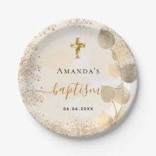 Baptism eucalyptus golden glitter monogram paper plate