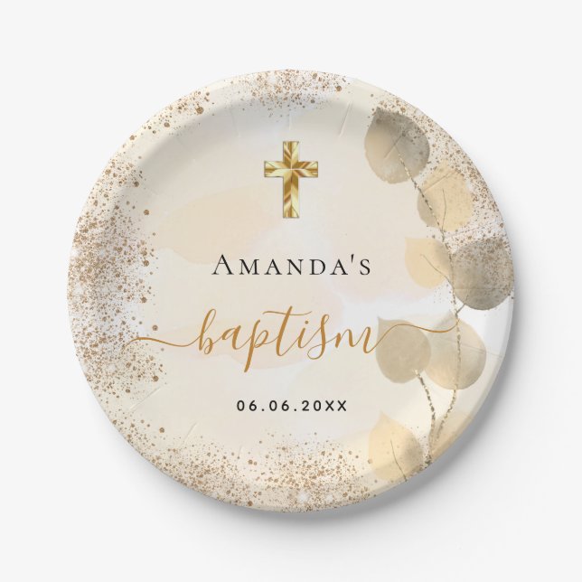 Baptism eucalyptus golden glitter monogram paper plate (Front)