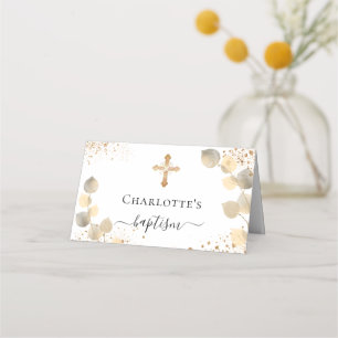 Baptism eucalyptus golden glitter sparkles place card
