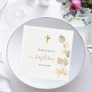 Baptism eucalyptus golden name napkin