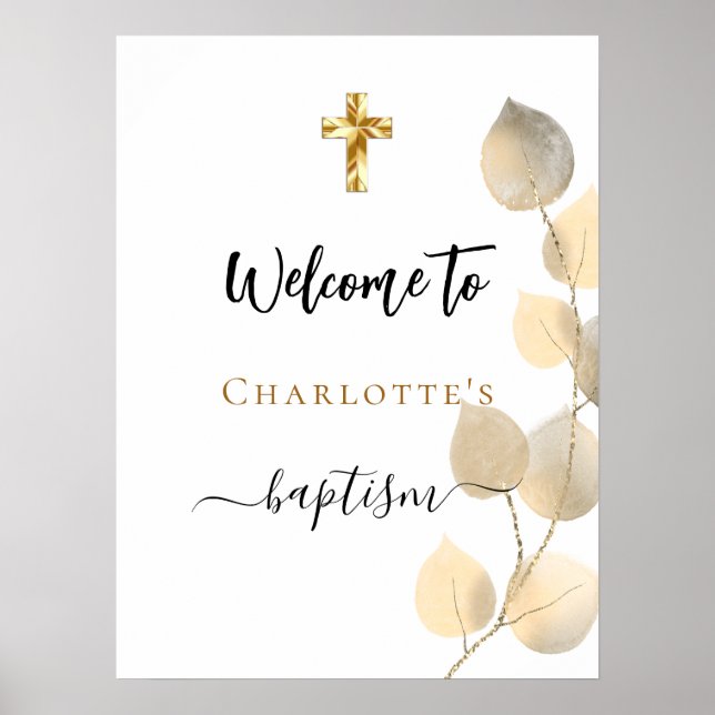 Baptism eucalyptus golden welcome poster (Front)