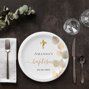 Baptism eucalyptus golden white elegant paper plate