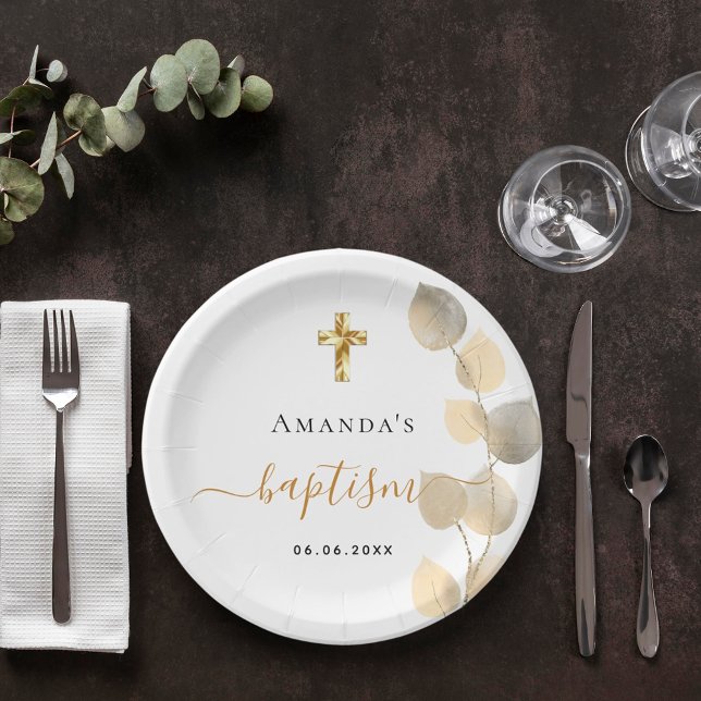Baptism eucalyptus golden white elegant paper plate (Creator Uploaded)