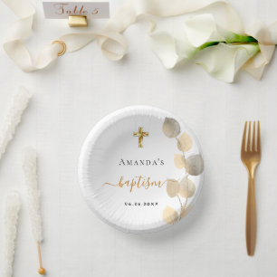 Baptism eucalyptus golden white elegant paper plate