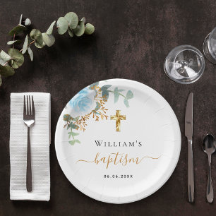 Baptism eucalyptus greenery blue floral boy paper plate