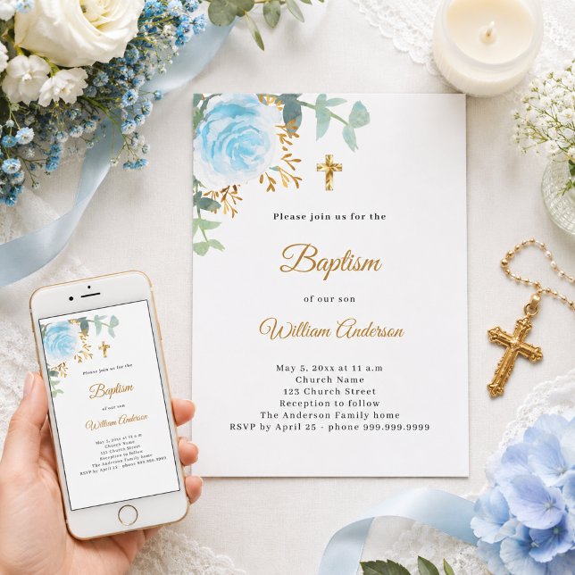 Baptism eucalyptus greenery blue florals boy invitation (Creator Uploaded)