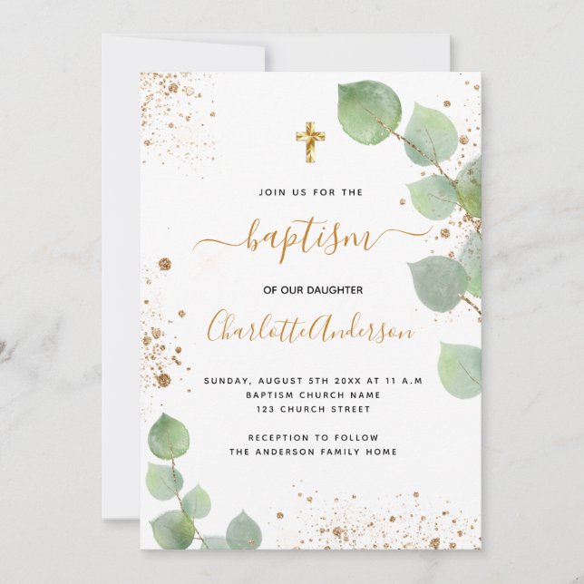 Baptism eucalyptus greenery cross script invitation (Front)