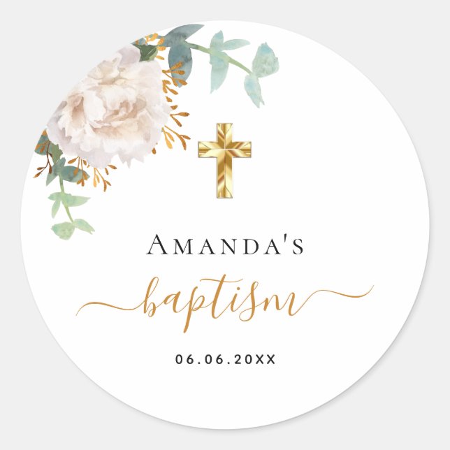 Baptism eucalyptus greenery floral gold cross classic round sticker (Front)