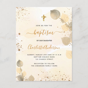 Baptism eucalyptus greenery glitter cross golden  invitation postcard