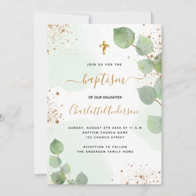 Baptism eucalyptus greenery glitter cross script  invitation (Front)