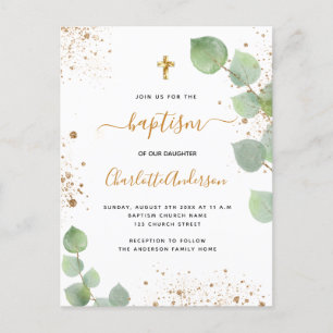 Baptism eucalyptus greenery glitter cross script invitation postcard