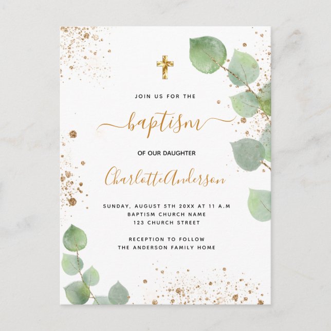 Baptism eucalyptus greenery glitter cross script invitation postcard (Front)
