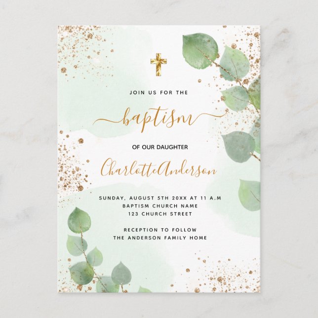 Baptism eucalyptus greenery glitter cross script  invitation postcard (Front)