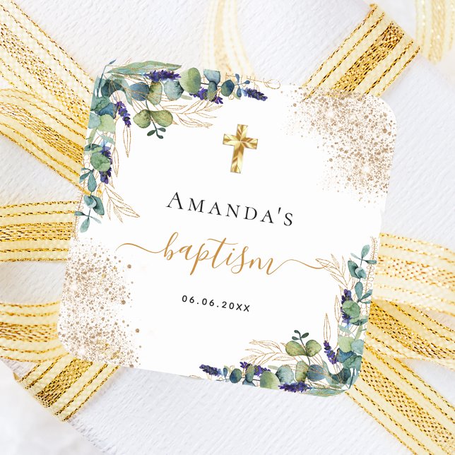 Baptism eucalyptus greenery glitter monogram square sticker (Creator Uploaded)