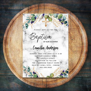 Baptism eucalyptus greenery gold marble invitation