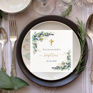 Baptism eucalyptus greenery monogram elegant napkin