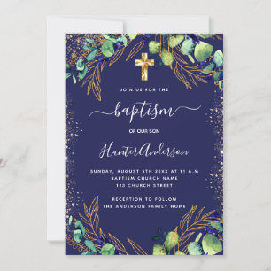 Baptism eucalyptus greenery navy blue invitation