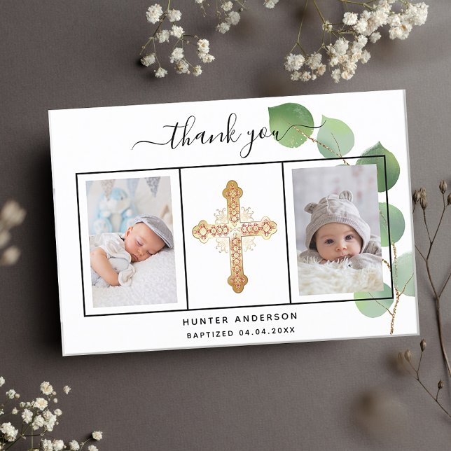 Baptism eucalyptus greenery photo thank you card (Creator Uploaded)