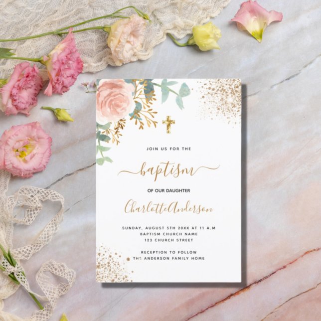 Baptism eucalyptus greenery rose gold floral invitation (Creator Uploaded)