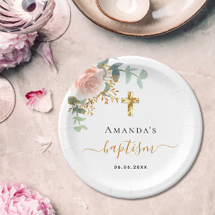 Baptism eucalyptus pink floral girl rose gold paper plate
