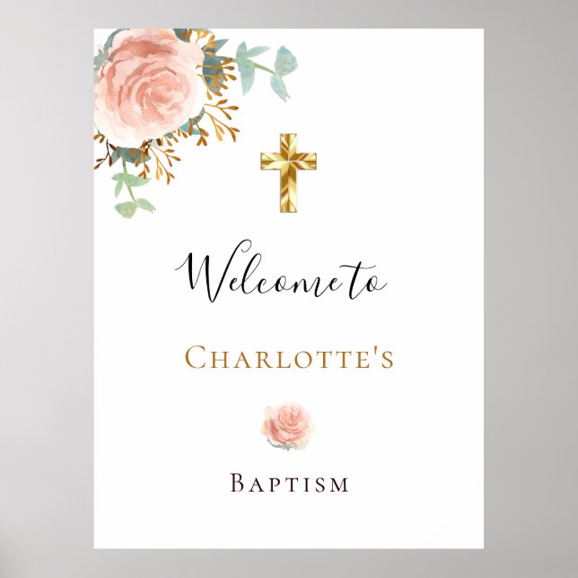 Baptism eucalyptus pink floral girl welcome poster (Front)