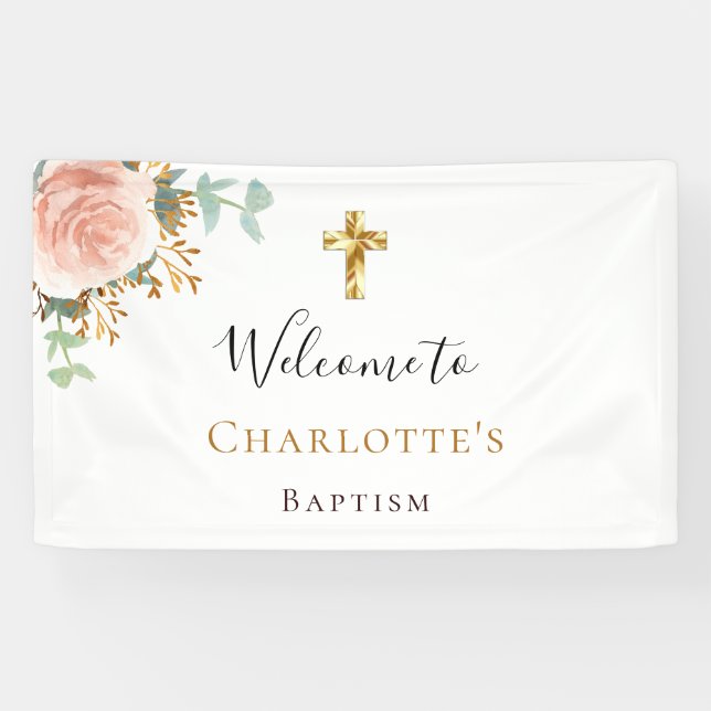 Baptism eucalyptus pink floral rose gold welcome banner (Horizontal)
