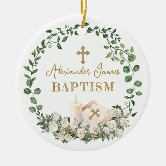 Baptism Eucalyptus Roses Cross Photo Ceramic Ornament (Front)
