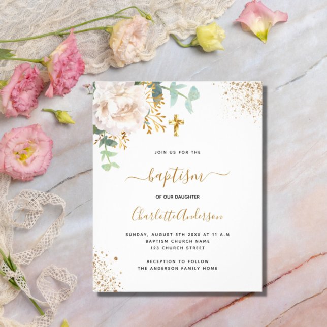 Baptism eucalyptus white floral budget invitation flyer (Creator Uploaded)