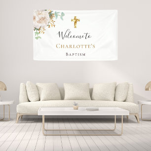 Baptism eucalyptus white floral gold cross welcome banner