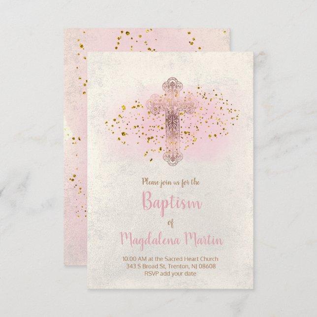 Baptism FAUX glitter and pink watercolor Invitation (Front/Back)