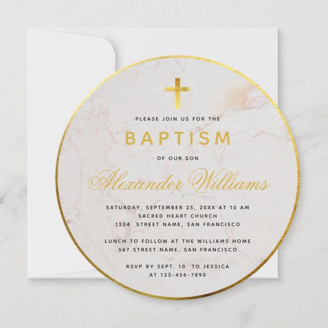 Baptism Faux Gold Foil Marble Calligraphy Round Invitation (Front)