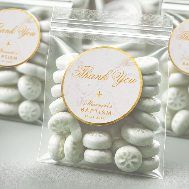 Baptism Favours Elegant Thank You Faux Gold Marble Classic Round Sticker (Creator Uploaded)