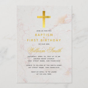 Baptism & First Birthday Faux Gold Cross Marble Invitation