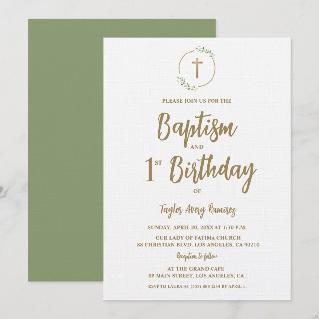 Baptism First Birthday Greenery wreath Gold cross Invitation (Front/Back)