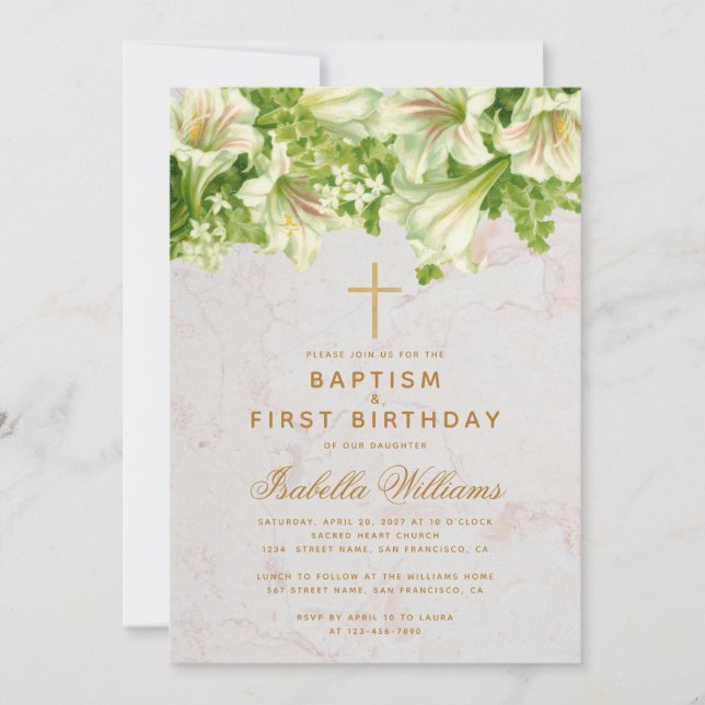 Baptism First Birthday Lilies Marble Gold Cross Invitation (Front)