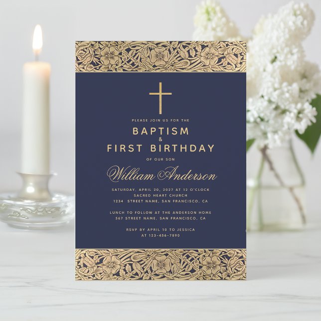 Baptism First Birthday Navy Blue Gold Roses Boy Invitation (Creator Uploaded)