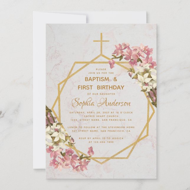 Baptism First Birthday Pink Orchids Gold Marble Invitation (Front)