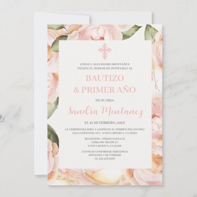 Baptism first birthday Spanish Invitation for girl (Front)