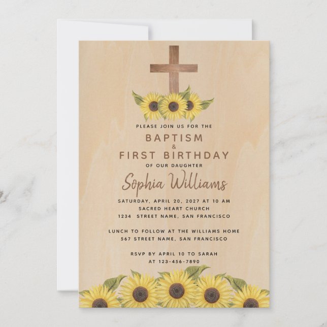 Baptism First Birthday Sunflower Wood Cross Rustic Invitation (Front)