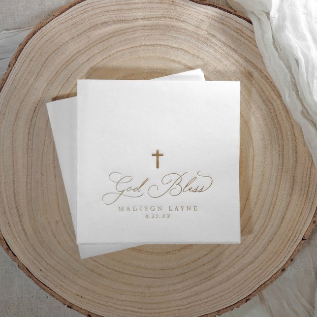 Baptism First Communion Gold God Bless Cross Foil Napkins (Cross baby baptism napkins - foil stamped and personalized)