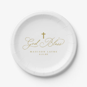 Baptism First Communion Gold God Bless Cross Paper Plate