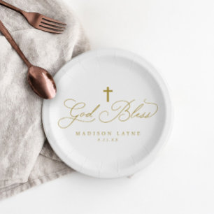 Baptism First Communion Gold God Bless Cross Paper Plate