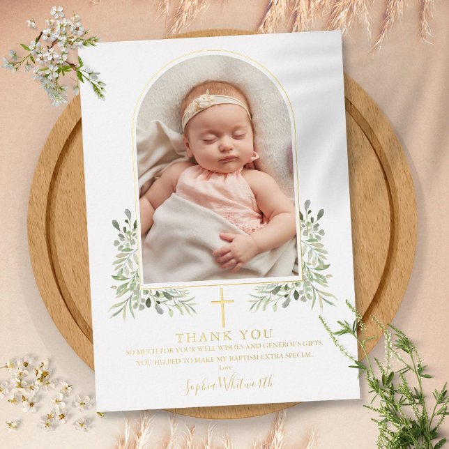 Baptism Floral Arch Photo Gold Foil Thank You Card (Baptism Floral Arch Photo Gold Foil Thank You Card)